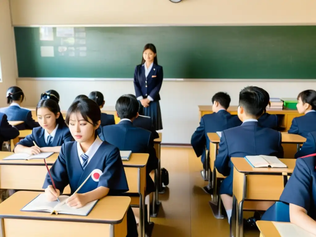 Una abarrotada y bulliciosa aula de una escuela secundaria japonesa, con estudiantes en uniforme escuchando atentamente al profesor