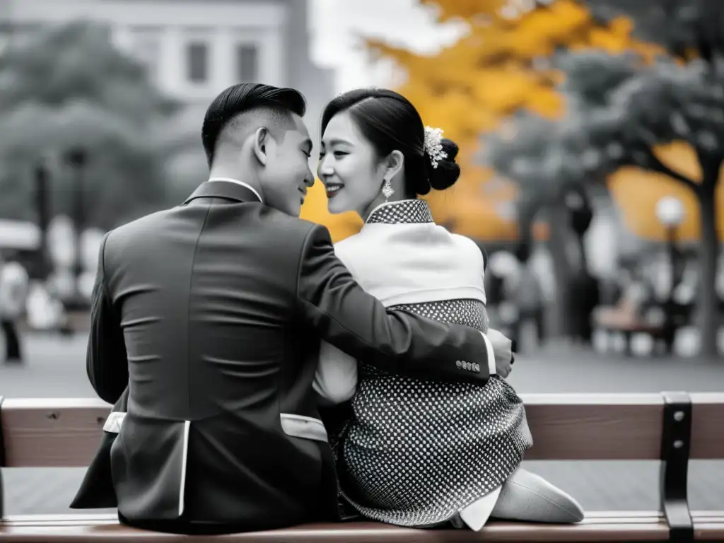 Abrazo tierno entre dos personas: una viste atuendo asiático tradicional y la otra moderno, sentados en un banco de parque en la ciudad