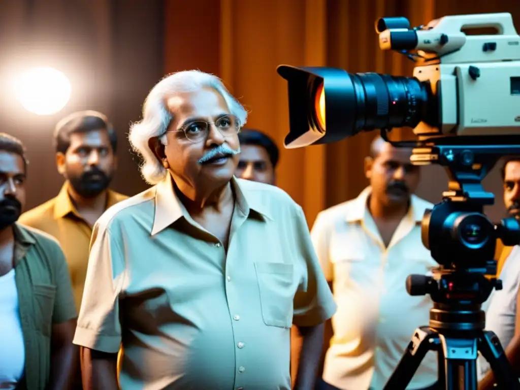 El aclamado director Adoor Gopalakrishnan dirige apasionadamente una escena en un set de filmación, rodeado de actores y miembros del equipo