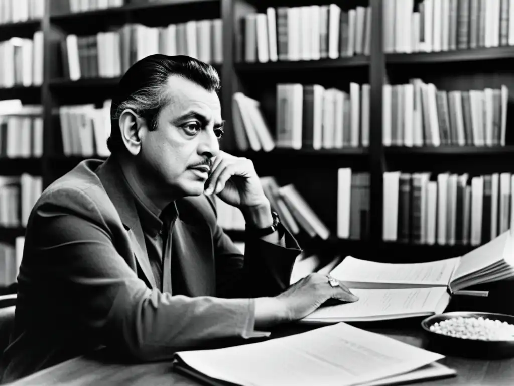 El aclamado director de cine indio Satyajit Ray reflexiona en su escritorio, inmerso en la influencia del teatro indio en el cine