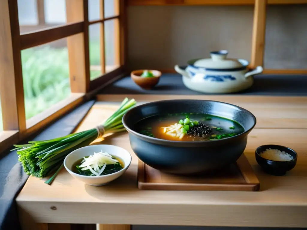 Una acogedora cocina coreana tradicional con una olla de Miyeokguk en una mesa de madera rústica