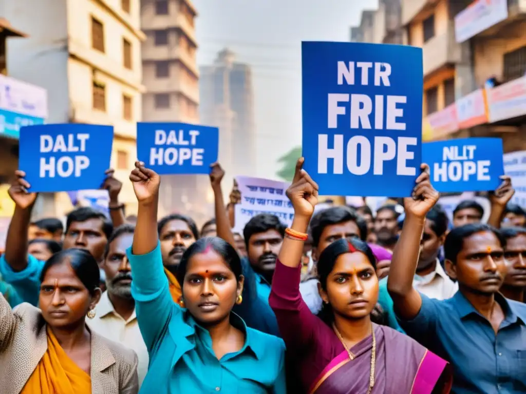 Activistas Dalit protestan pacíficamente en la bulliciosa ciudad de la India, mostrando resistencia y esperanza en sus rostros