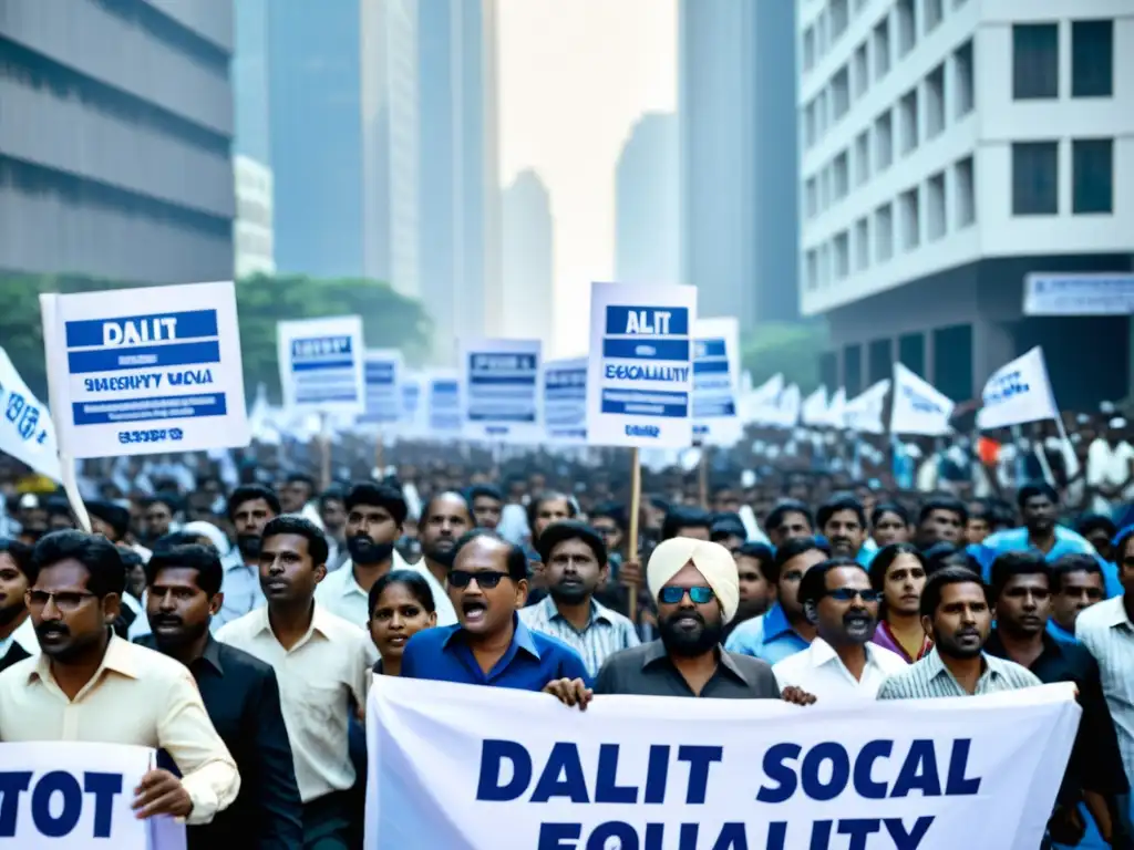 Activistas Dalit marchan en protesta por la igualdad social en India, con determinación y diversidad de edad y género en la manifestación