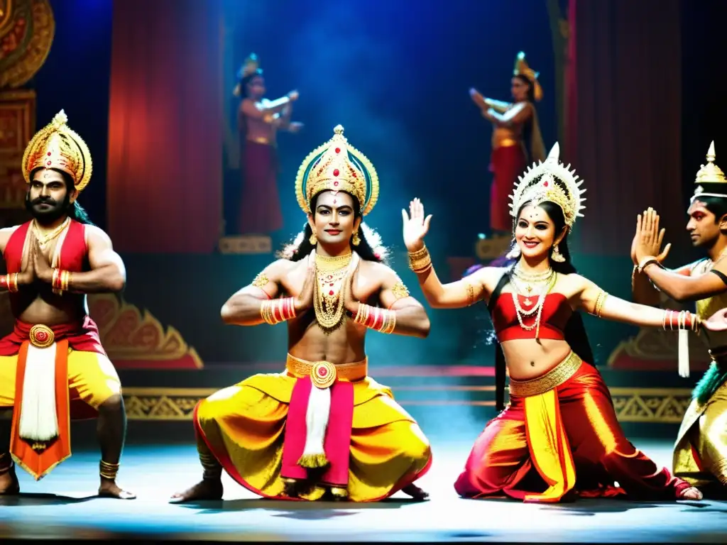 Actores en escena representando el Ramayana con intensidad y coloridos trajes, influencia del Ramayana en Asia