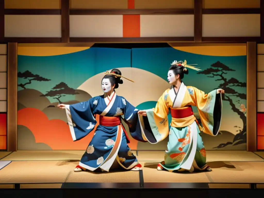 Actores de Noh en escena, vestidos con trajes elaborados y maquillaje detallado, representando la influencia de la mitología japonesa en la cultura