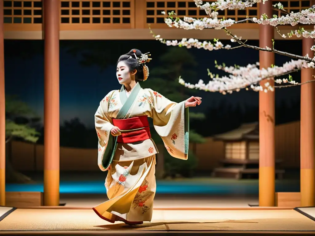 Actores de Noh en escenario japonés con música ritual y árboles de cerezo en flor