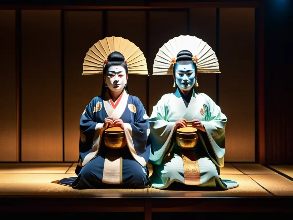 Actores con máscaras y trajes tradicionales en un teatro Noh japonés, influencia mitología japonesa cultura