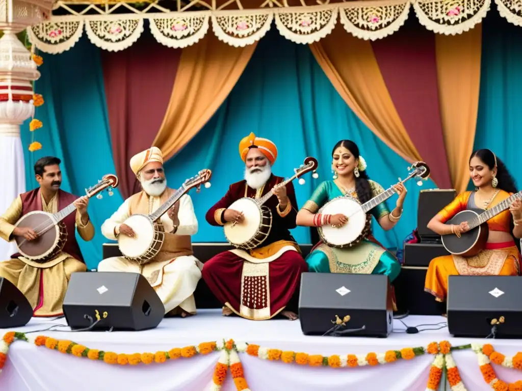 Actuación de música clásica india en festival hindú, con sitar, tabla y trajes ornamentados