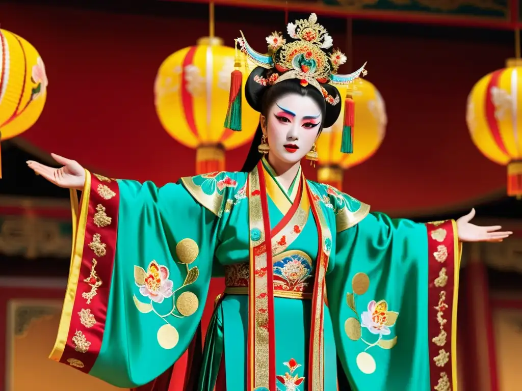 Actuación de ópera china con trajes y maquillaje elaborados