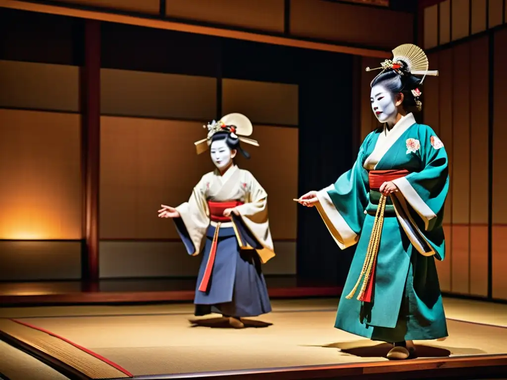 Actuación de teatro Noh japonés con atuendos, gestos dramáticos y máscaras expresivas