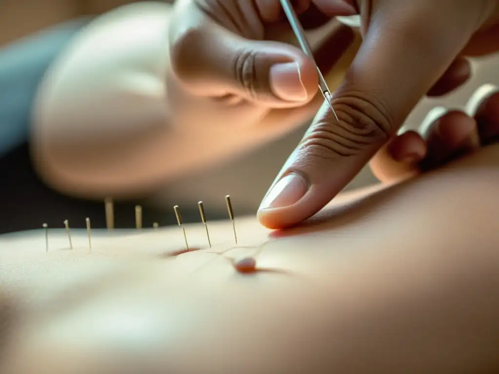 Un acupuntor colocando con precisión una aguja en un punto específico del cuerpo en una clínica moderna, transmitiendo confianza y profesionalismo