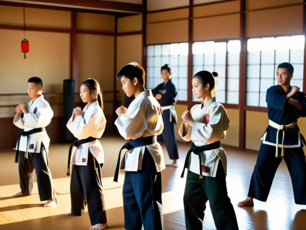 Adolescentes practicando artes marciales en un dojo soleado, con energía disciplinada y el instructor guiando