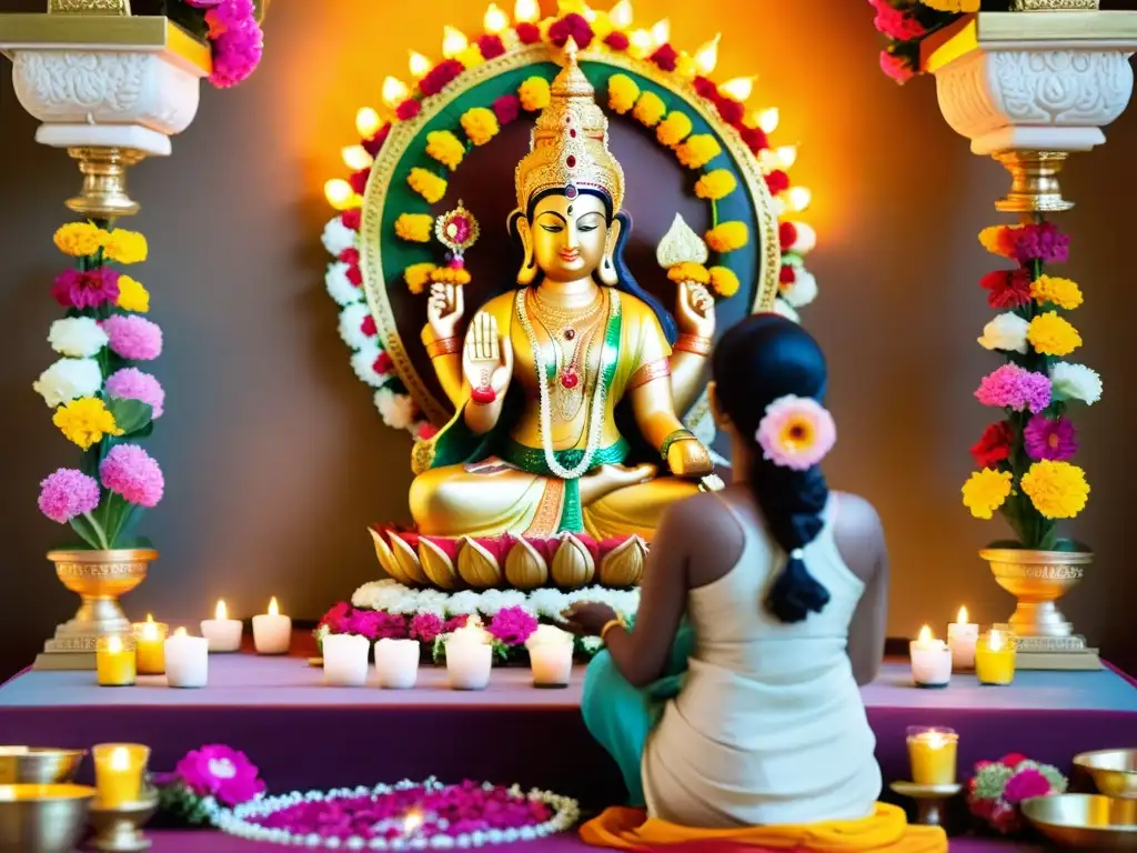 Adoración femenina en el Hinduismo: Devotos reverentes ofrecen oraciones y flores a una estatua divina en un templo hindú vibrante y ornado, iluminado por cálida luz dorada