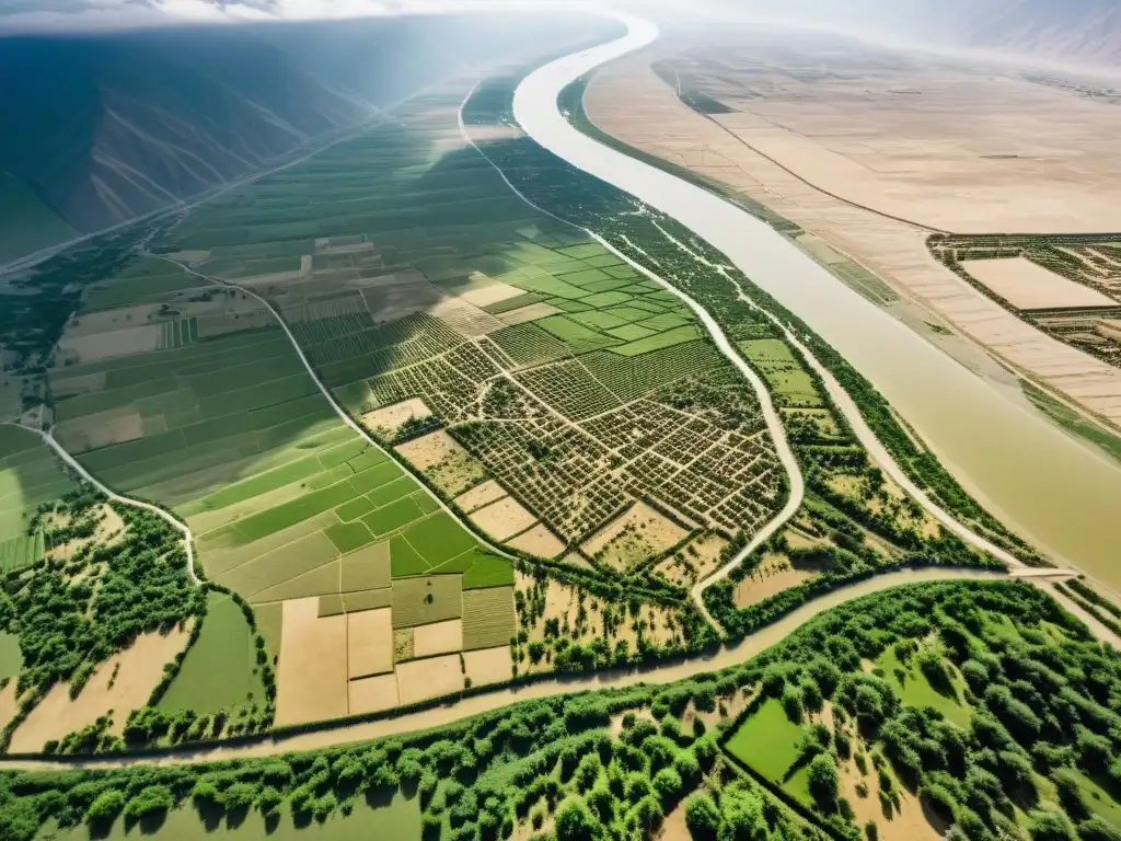 Una fotografía aérea de alta resolución del Valle del Indo, mostrando ruinas de antiguas ciudades, campos agrícolas y el meandro del río Indo