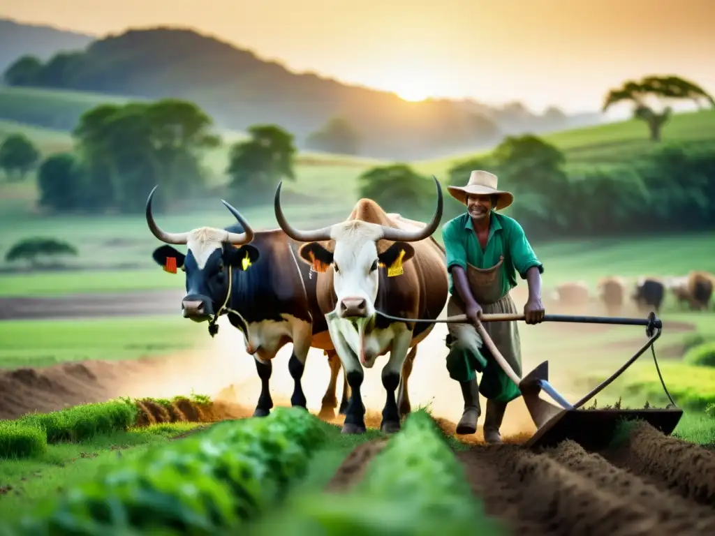 Un agricultor dirige un arado tirado por bueyes en un campo verde, mientras el sol ilumina la escena