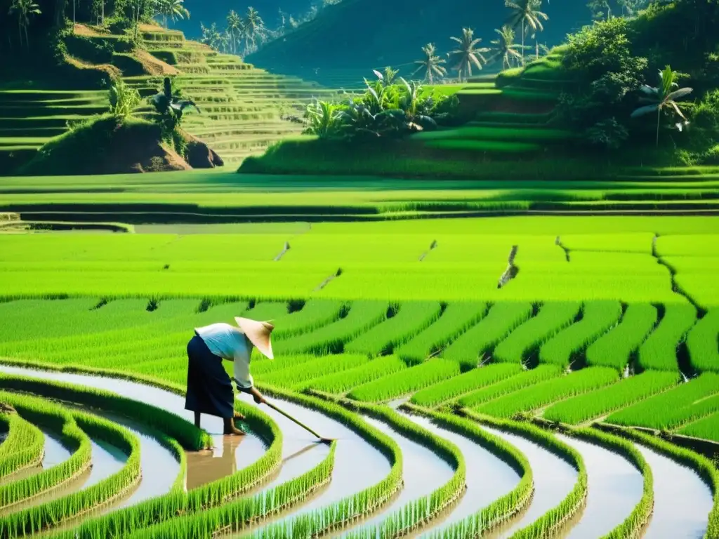 Un agricultor asiático en un exuberante campo de arroz realiza técnicas de labranza mínima, mostrando la conservación del suelo