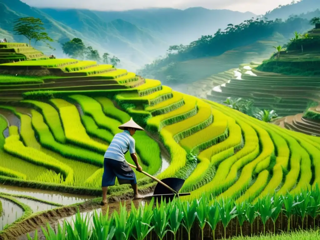 Un agricultor asiático tradicional ara la tierra en terrazas de arroz