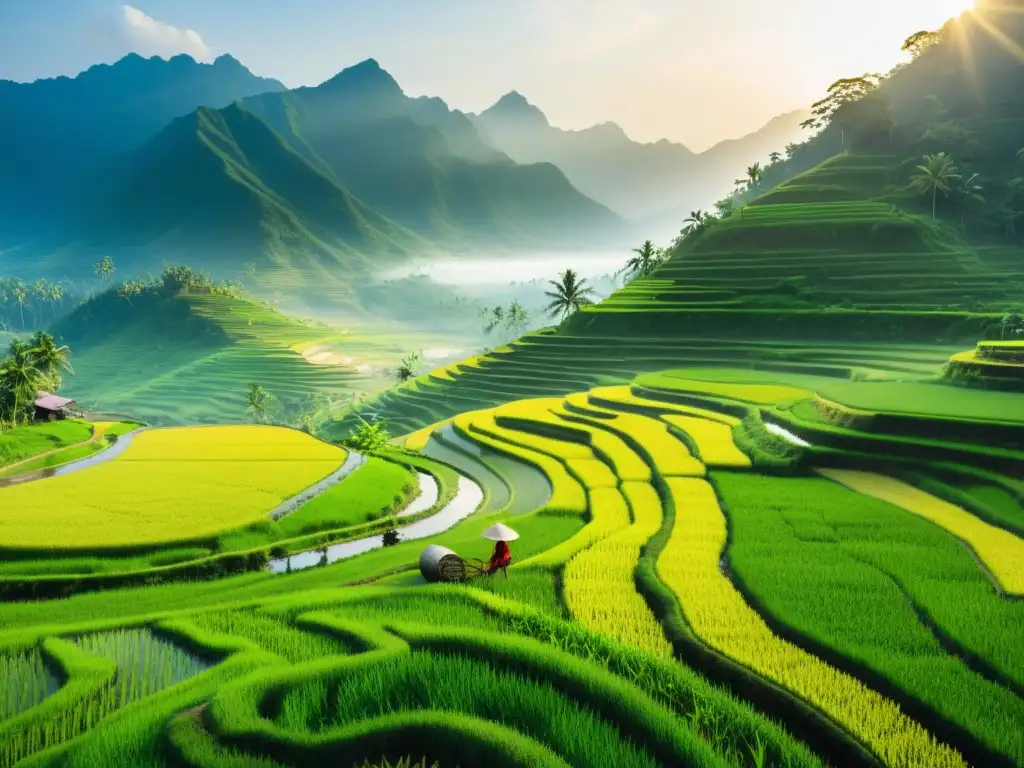 Agricultor cuidando los campos de arroz en Asia, con canales de riego reflejando la luz dorada del atardecer y una majestuosa cordillera en la neblina