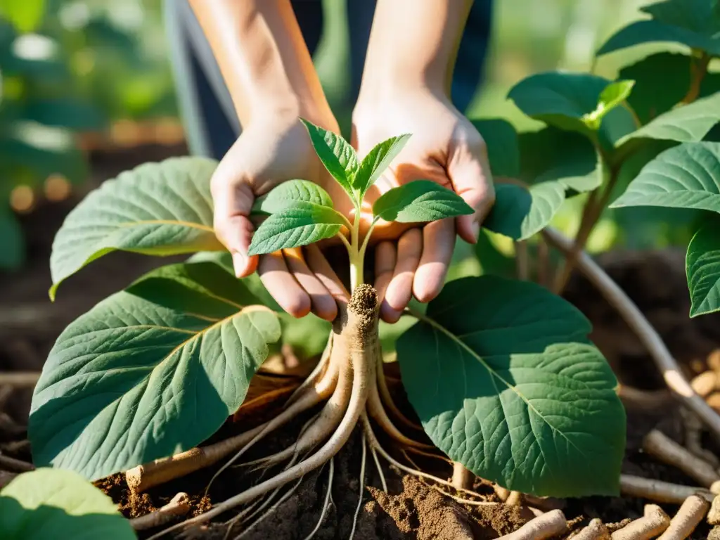 Un agricultor coreano cuidadosamente cosecha una raíz de ginseng en un campo exuberante