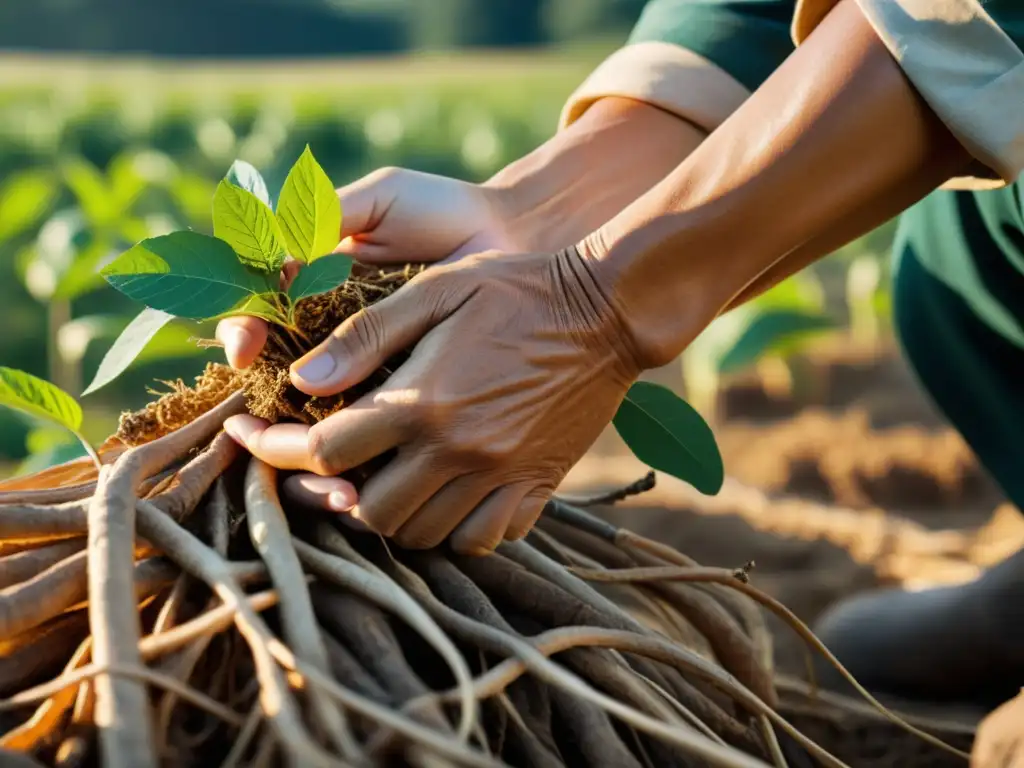 Un agricultor cosecha con cuidado una raíz de ginseng coreano en un campo soleado