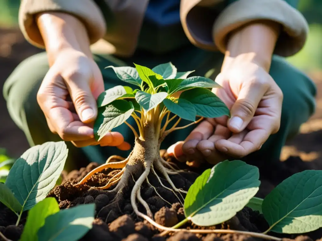 Un agricultor cosecha con cuidado una raíz de ginseng en una granja tradicional coreana