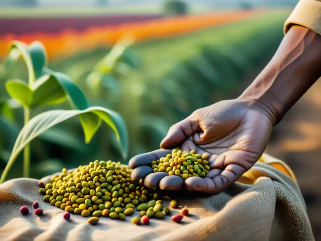 Un agricultor selecciona con cuidado semillas nativas en un paisaje agrícola de la India, resaltando la importancia de la biodiversidad