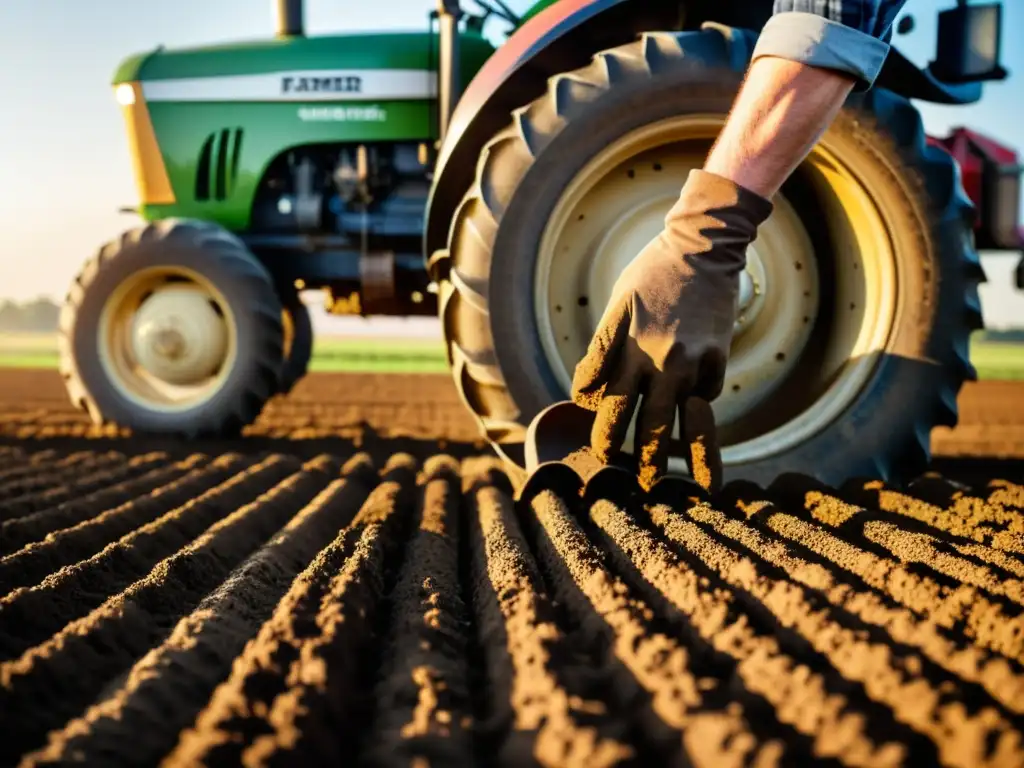 Un agricultor maneja con cuidado un tractor equipado con técnicas de labranza mínima, respetando y conservando el suelo