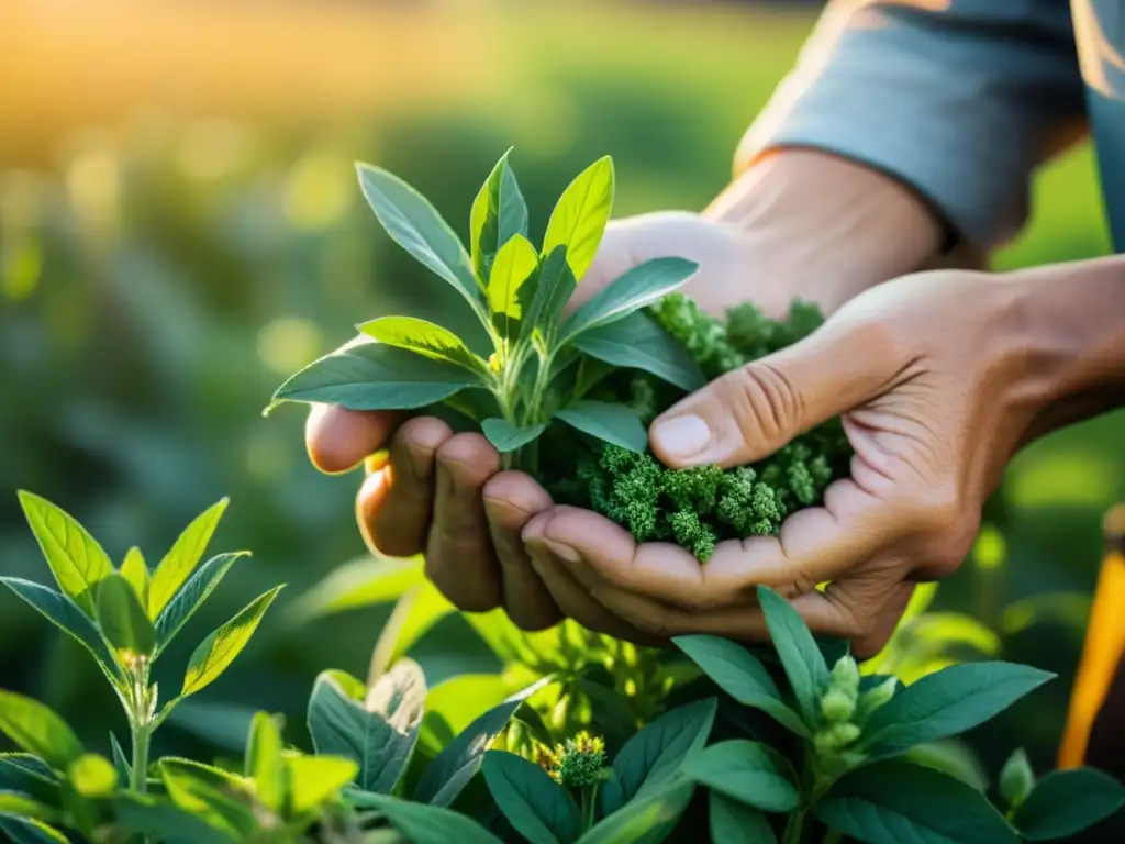 Un agricultor cuidadoso cosecha hierbas medicinales asiáticas, destacando prácticas tradicionales y meticulosas