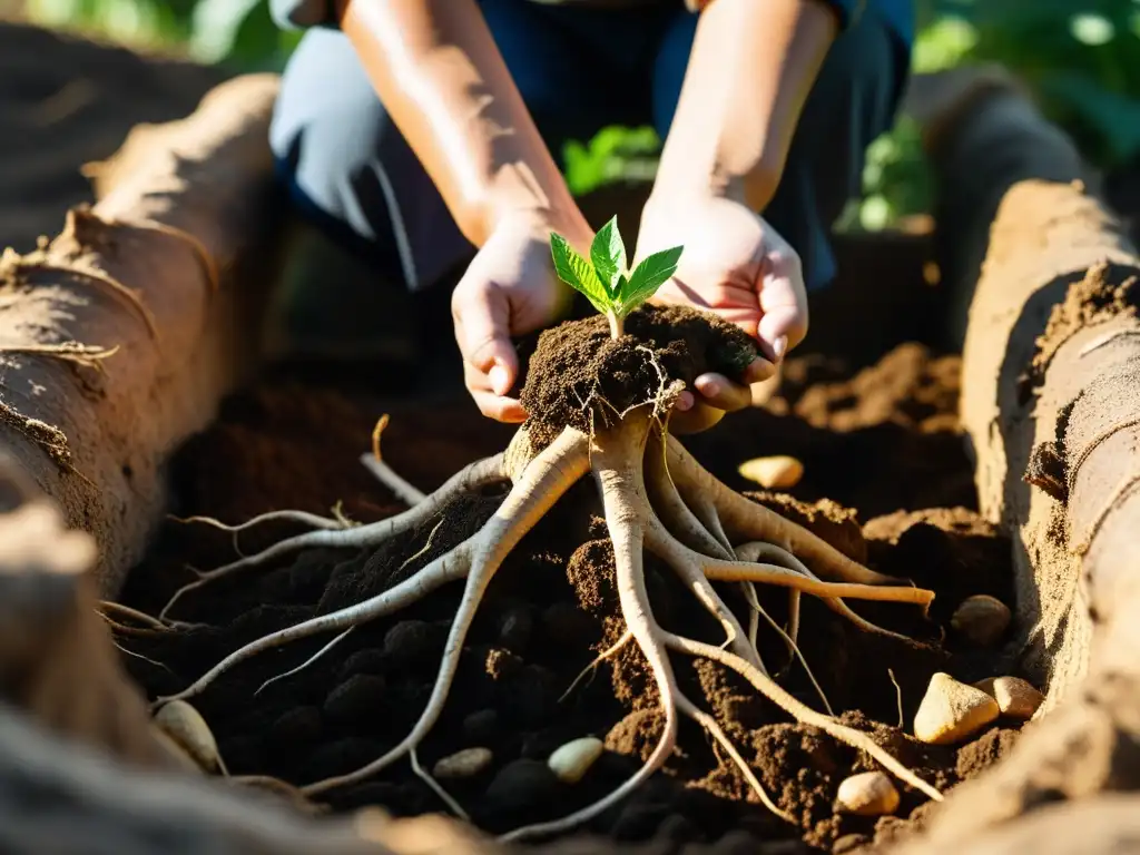 Un agricultor experimentado desentierra una raíz de ginseng coreano en un exuberante paisaje de montaña