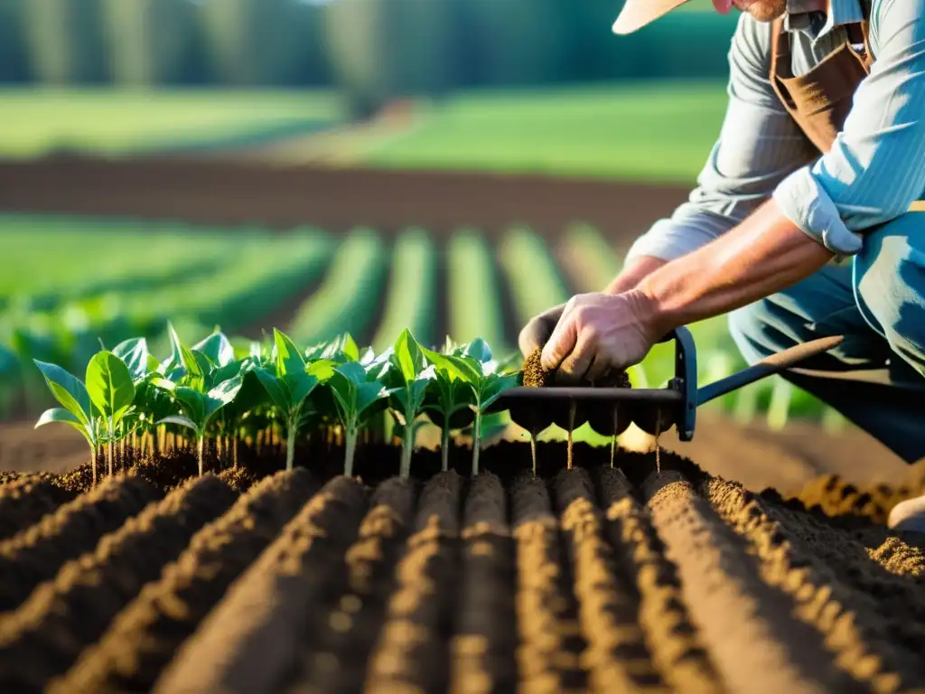 Un agricultor experto utiliza una sembradora de labranza mínima para plantar cultivos en un campo, destacando la importancia de las técnicas de conservación del suelo