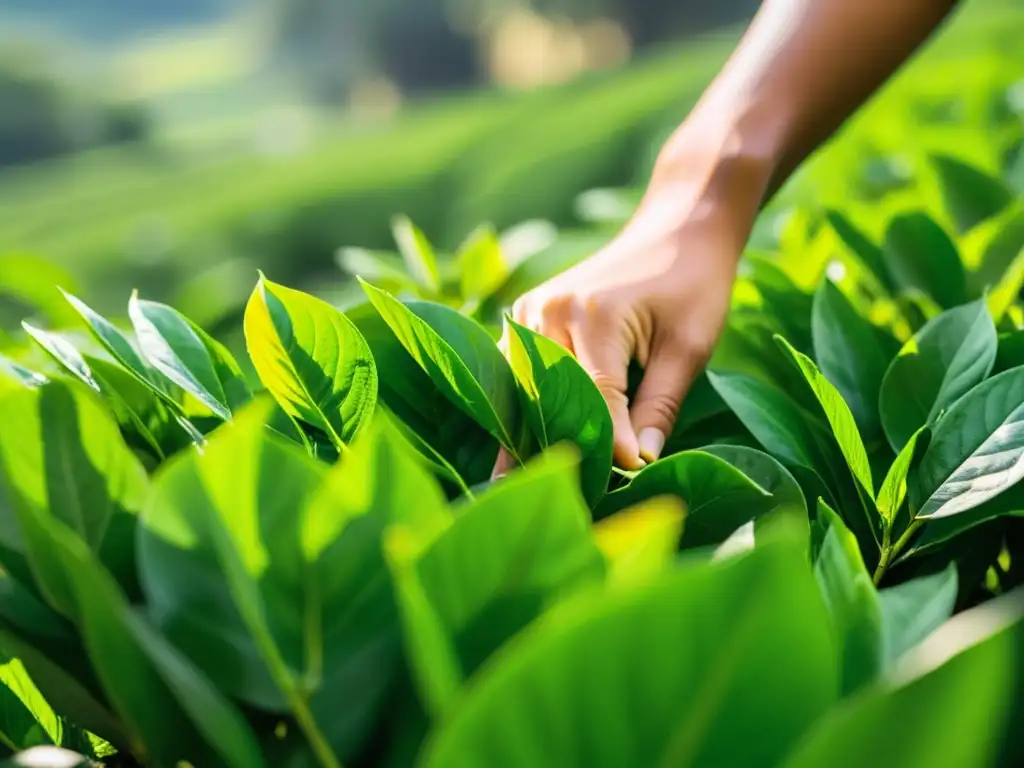 Un agricultor selecciona cuidadosamente hojas de té verde en una plantación exuberante