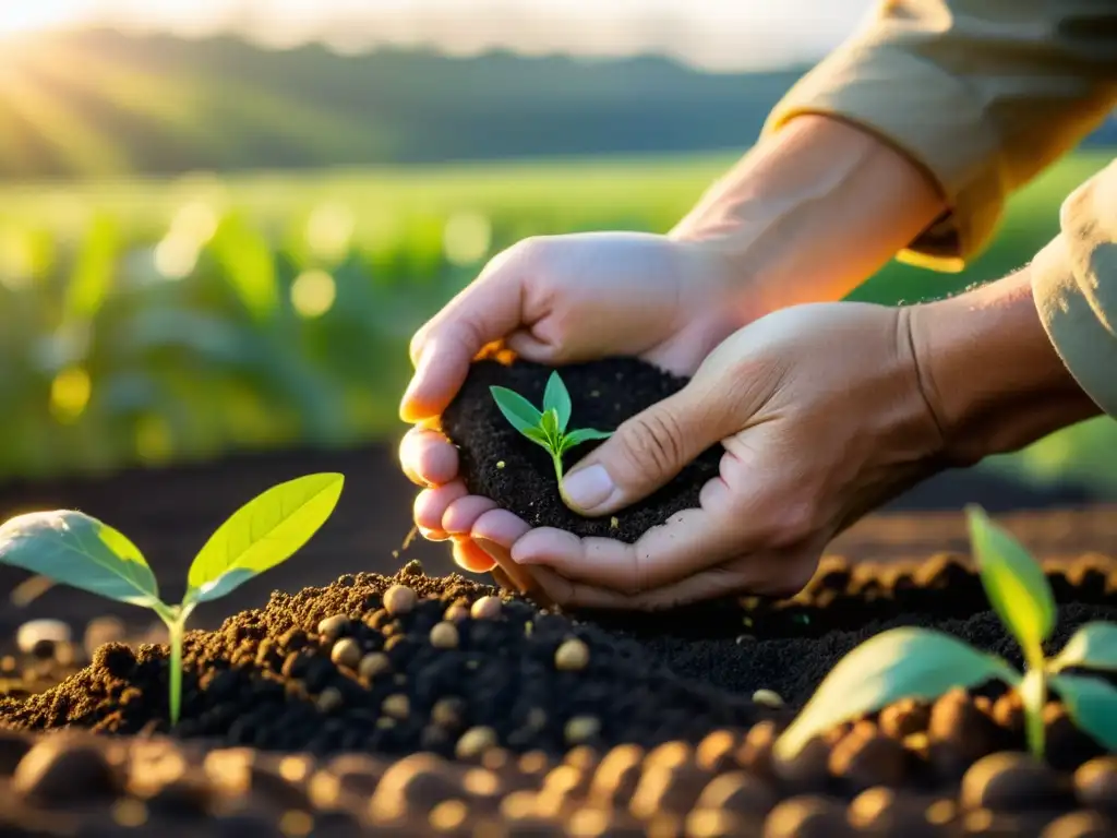 Un agricultor tradicional siembra cuidadosamente semillas nativas en un campo biodiverso