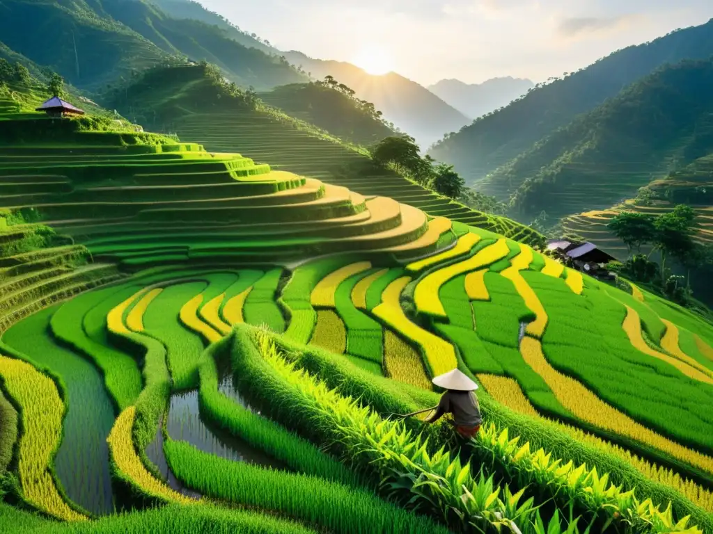 Un agricultor tradicional en terrazas de arroz bajo el sol dorado, usando herramientas antiguas