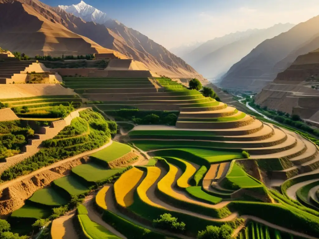 Agricultura ancestral en el Valle del Indo: antiguas terrazas agrícolas rodeadas por los majestuosos Himalayas al atardecer