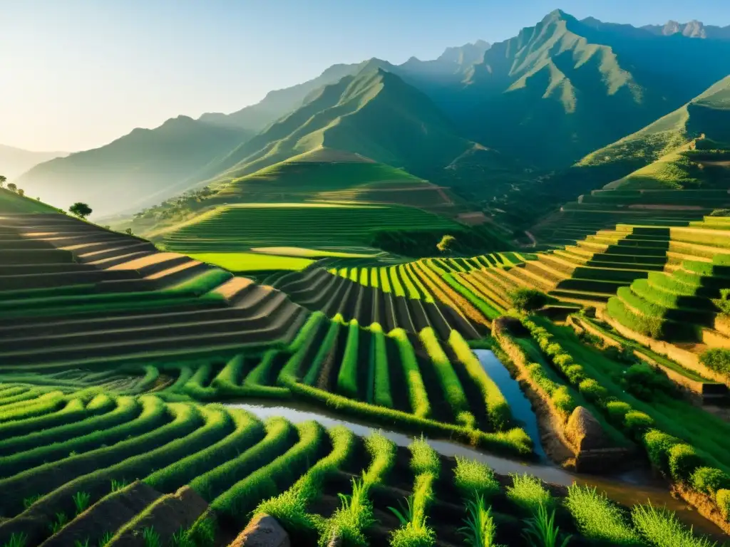 Agricultura ancestral en el Valle del Indo: antiguo sistema de irrigación y terrazas, agricultores en paisaje atemporal al amanecer