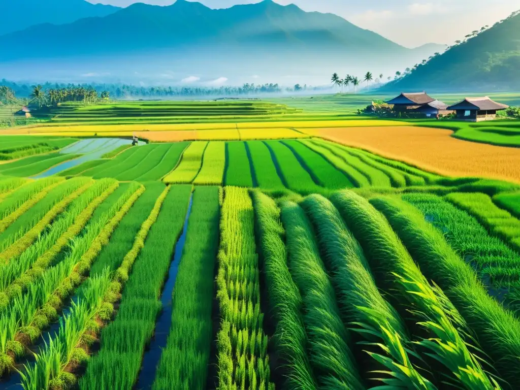 Agricultura asiática y astrología agrícola: imagen vibrante de arrozales tradicionales, verdes y extensos, con agricultores trabajando en técnicas ancestrales, bajo un cielo azul y soleado