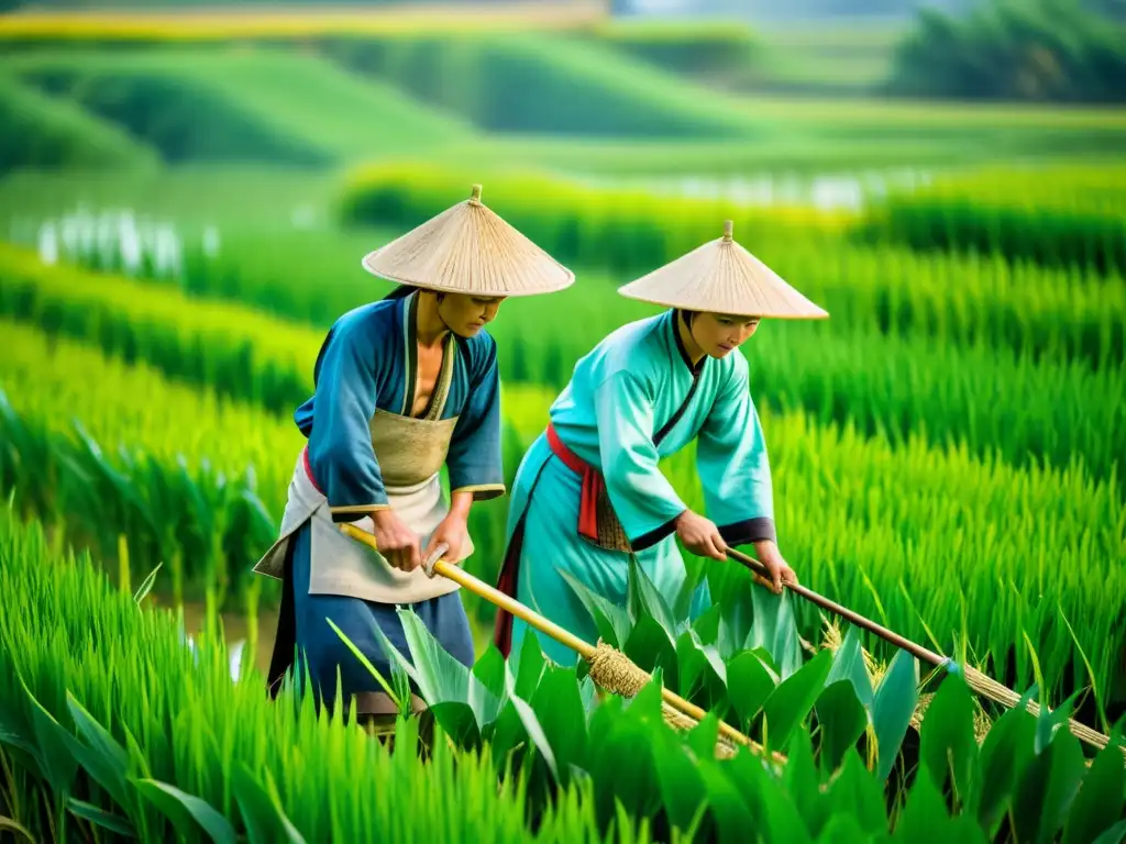 Agricultura en la China Antigua: Antiguos agricultores chinos trabajando en los campos de arroz, rodeados de exuberante vegetación