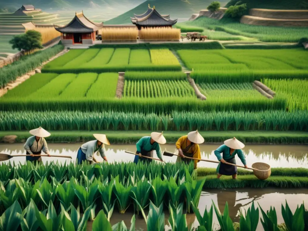 Agricultura en la China Antigua: Detallada imagen 8k de antiguos agricultores chinos trabajando en campos verdes con herramientas tradicionales