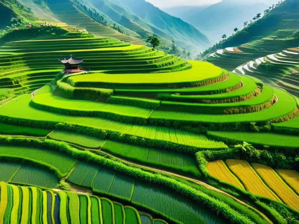 Agricultura en la China Antigua: Terrazas de arroz verdes en las montañas, agricultores trabajando en los campos con sombreros cónicos