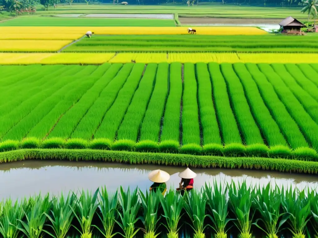 Agricultura tradicional en Asia: Campo de arroz exuberante con agricultores en sombreros cónicos trabajando bajo el sol dorado de la tarde