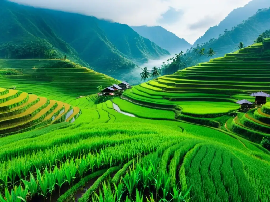 Agricultura tradicional en Asia: panorama de arrozales exuberantes en terrazas, montañas envueltas en niebla y agricultores cuidando los cultivos