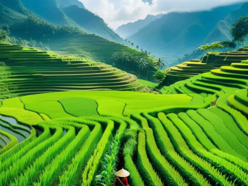 Agricultura tradicional en Asia: terrazas de arroz en la montaña, un agricultor trabaja rodeado de belleza natural y espiritualidad