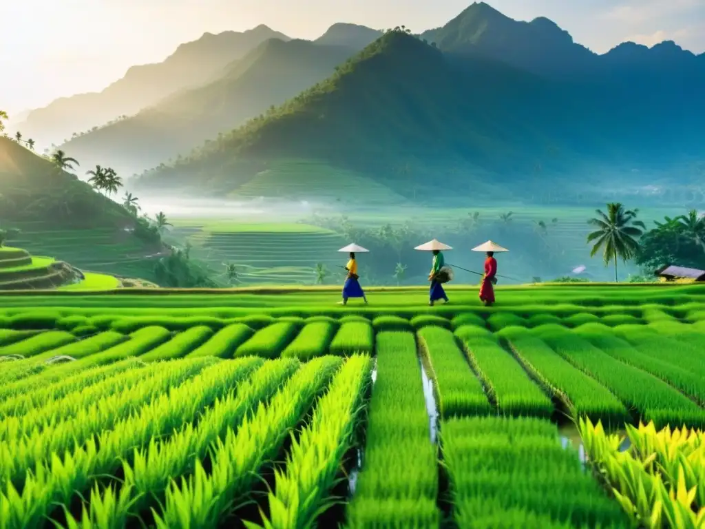 Agricultura tradicional en Asia: Arrozal verde con agricultores trabajando en armonía con la naturaleza al atardecer