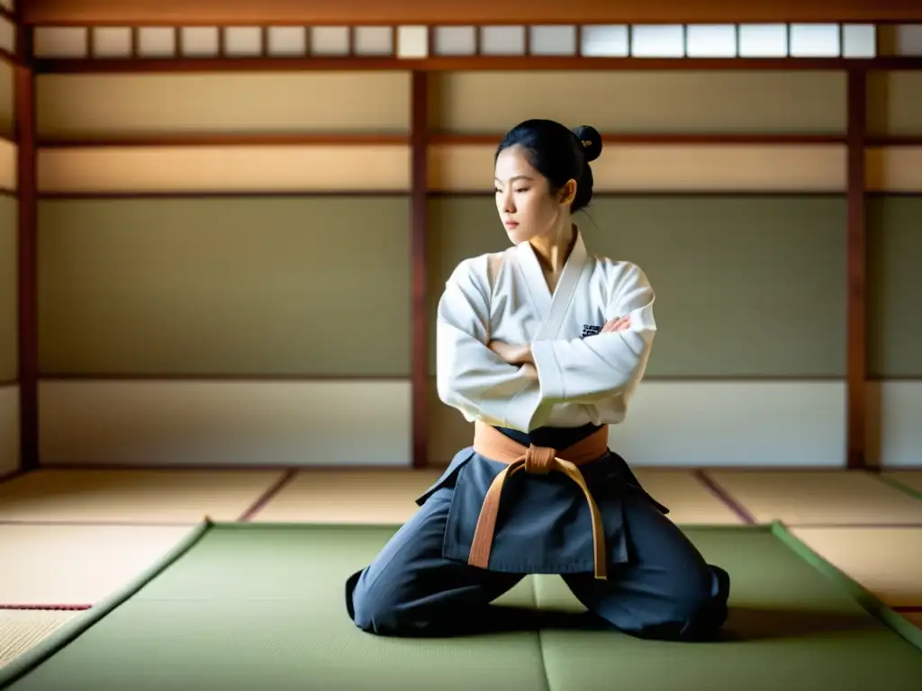 Práctica de Aikido en un dojo sereno, capturando la esencia de la disciplina y la armonía del arte marcial como filosofía de paz