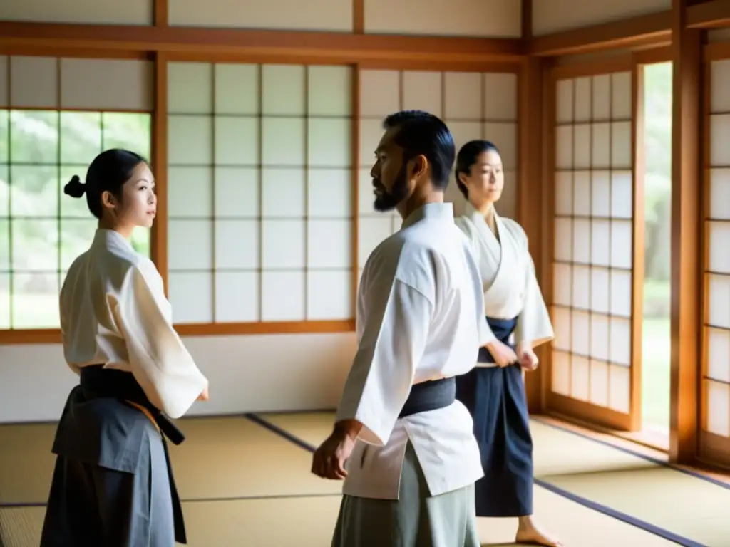 Práctica de aikido en un dojo sereno, con luz natural