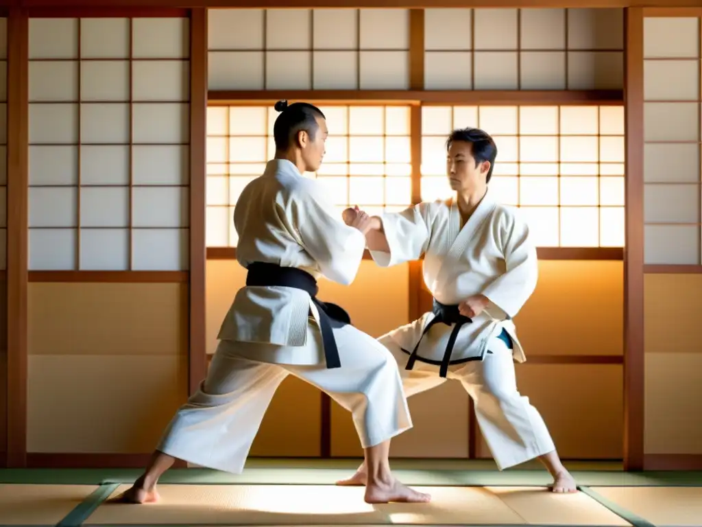 Práctica de aikido en un dojo sereno con símbolos de la filosofía de las artes marciales japonesas