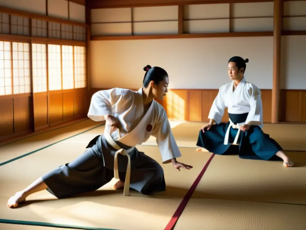 Práctica de Aikido en un dojo tranquilo, reflejando la filosofía de paz y armonía de Aikido