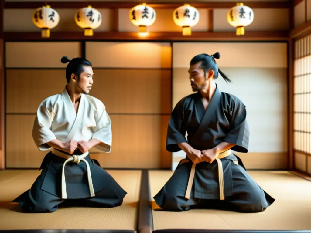 Práctica de Aikijujutsu en dojo tradicional con técnicas samurai en ambiente histórico