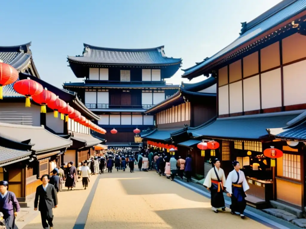 Ajetreada calle de Edo durante el shogunato, con mercaderes y samuráis entre la multitud, mostrando la compleja estructura social del Japón