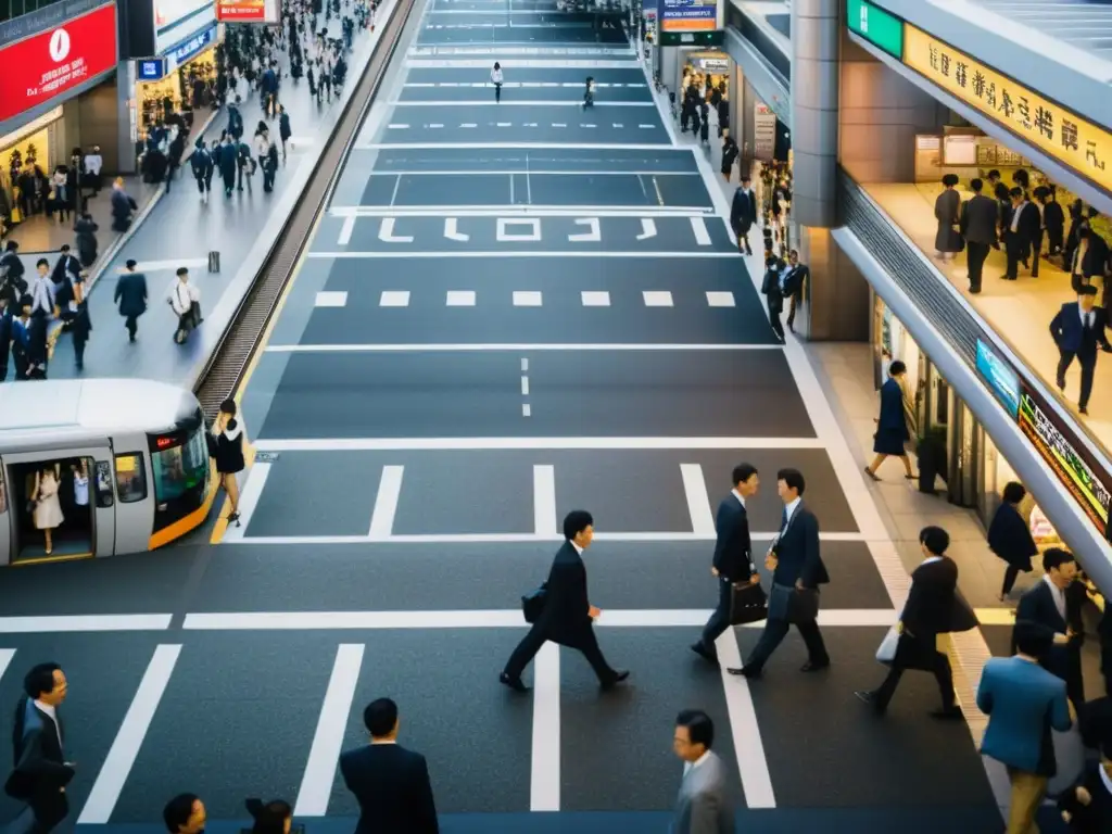 El ajetreo de una ciudad urbana de Tokio durante la hora pico, reflejando la ética del trabajo en Japón